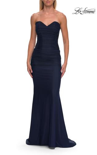 Picture of: Strapless Mesh Evening Gown with Ruching and Sheer Beaded Back in Navy, Style: 33431, Detail Picture 17