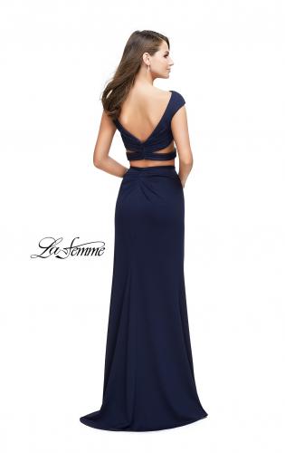 Picture of: Two Piece Wrap Jersey Prom Dress with Short Sleeves in Navy, Style: 25815, Back Picture