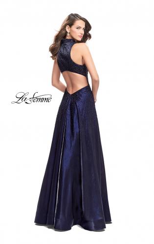 Picture of: Satin Ball Gown with Tonal Beading and Back Cutout in Navy, Style: 25986, Back Picture