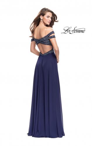 Picture of: A-Line Prom Gown with Beaded Bodice and Chiffon Skirt in Navy, Style: 26059, Back Picture