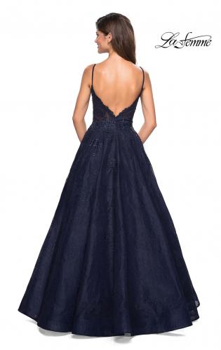 Picture of: Lace Detail Long A Line Prom Dress with Open Back in Navy, Style: 27030, Back Picture