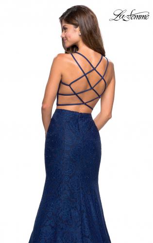 Picture of: Two Piece Stretch Lace Prom Dress with Strappy Back in Navy, Style: 27452, Back Picture