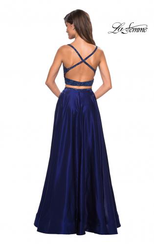 Picture of: Two PIece Satin Prom Dress with Rhinestone Top in Navy, Style: 27607, Back Picture