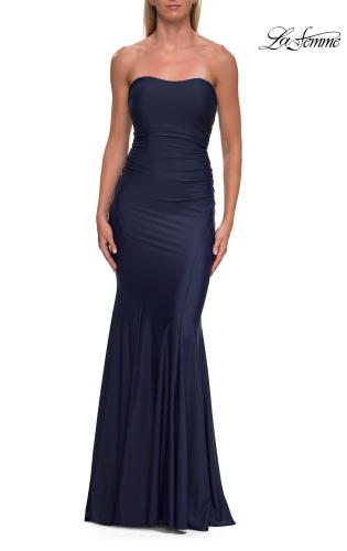 Picture of: Strapless Fitted Jersey Evening Gown with Ruching in Navy, Style: 33403, Detail Picture 18