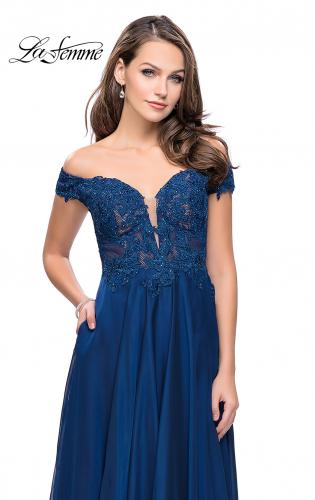 Picture of: Chiffon Prom Dress with Off the Shoulder Lace Top in Navy, Style: 25129, Detail Picture 1, Detail Picture 1