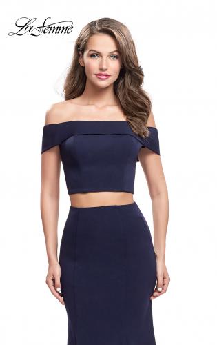 Picture of: Form Fitting Off the Shoulder Jersey Mermaid Dress in Navy, Style: 25578, Detail Picture 1