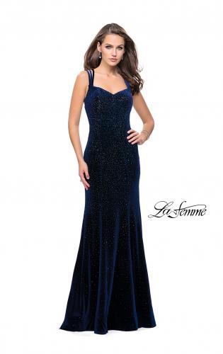 Picture of: Velvet Form Fitting Prom Dress with Intricate Back in Navy, Style: 25681, Detail Picture 1