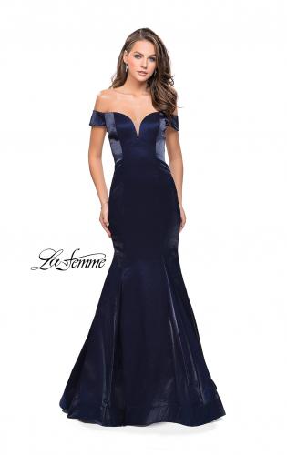 Picture of: Off the Shoulder Satin Prom Dress with Strappy Back in Navy, Style: 25764, Detail Picture 1