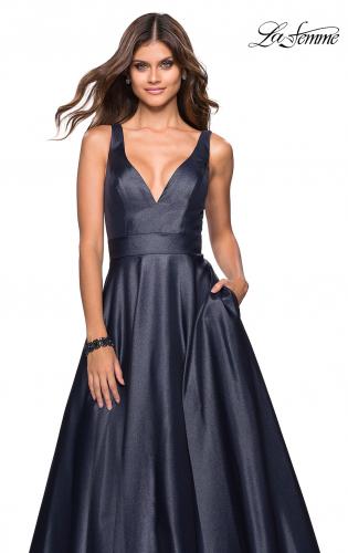 Picture of: Long Mikado Ball Gown with V Front and Back in Navy, Style: 27202, Detail Picture 1