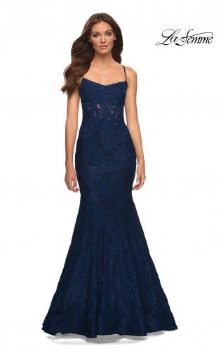 Picture of: Mermaid Lace Gown with Sheer Bodice and Open Back in Blue, Style: 30467, Detail Picture 1
