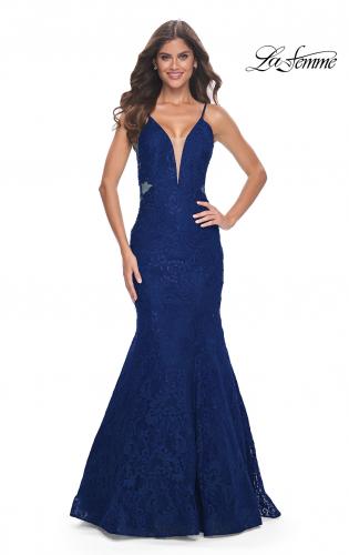 Picture of: Jewel Tone Long Mermaid Lace Dress with Back Rhinestone Detail in Navy, Style: 32315, Detail Picture 1