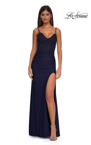 Picture of: Illusion Lace Top Prom Dress with Ruched Jersey Skirt in Navy, Style: 32803, Detail Picture 1