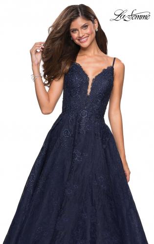 Picture of: Lace Detail Long A Line Prom Dress with Open Back in Navy, Style: 27030, Detail Picture 2
