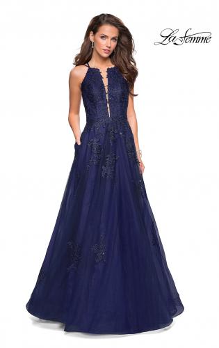 Picture of: Tulle Prom Dress with Lace Bodice and Strappy Back in Navy, Style: 27143, Detail Picture 2
