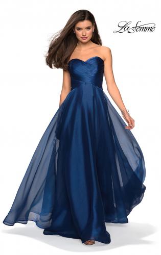 Picture of: Strapless Chiffon Dress with Criss Cross Bodice Detail in Navy, Style: 27515, Detail Picture 2
