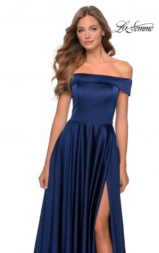 off the shoulder beaded satin evening prom dress with pocket
