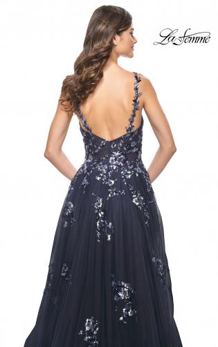 Picture of: A-Line Tulle and Floral Sequin Gown with High Slit in Navy, Style: 31936, Detail Picture 2