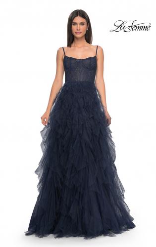 Picture of: Tulle A-Line Dress with Ruffle Skirt and Buster Rhinestone Fishnet Bodice in Navy, Style: 32233, Detail Picture 2