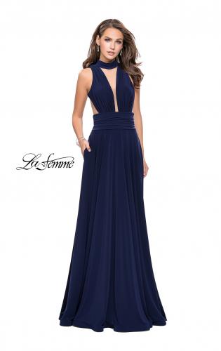 Picture of: A-line Prom Dress with Choker Neck Detail and Open Back in Navy, Style: 25568, Detail Picture 3
