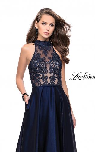 Picture of: Long Prom Dress with Satin A-line Skirt and Beading in Navy, Style: 25617, Detail Picture 3