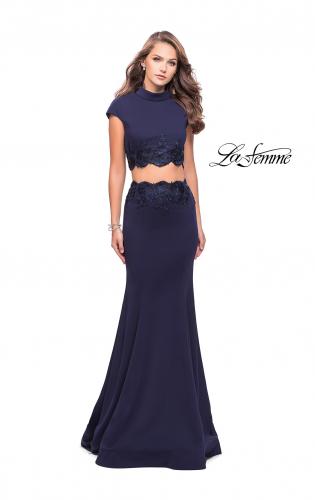 Picture of: Two Piece Jersey Applique Gown with Short Sleeves in Navy, Style: 26196, Detail Picture 3