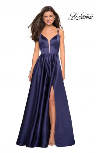 Picture of: Long Satin Formal Gown with Leg Slit and Strappy Back in Navy, Style: 26994, Detail Picture 3