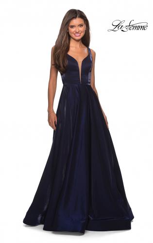 Picture of: Two Tone Satin Long Gown with Plunging Neckline in Navy, Style: 27049, Detail Picture 3