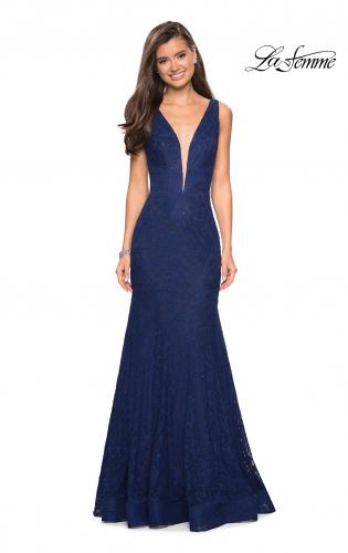 Picture of: Stretch Lace Prom Dress with Plunging Neckline in Navy, Style: 27464, Detail Picture 3