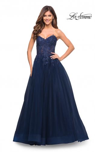 Picture of: Tulle and Lace Ballgown with High Slit and Pockets in Navy, Style: 30592, Detail Picture 3