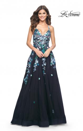 Picture of: Gorgeous Sequin Floral Lace Applique A-Line Tulle Prom Dress in Navy, Style: 32023, Detail Picture 3