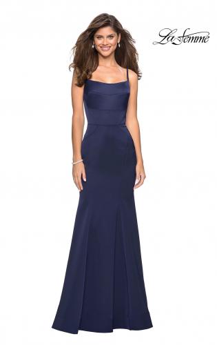 Picture of: Fitted Long Dress with Seams and Large Gold Zipper in Navy, Style: 27524, Detail Picture 4