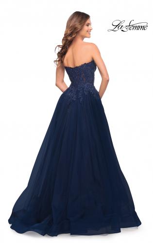 Picture of: Tulle and Lace Ballgown with High Slit and Pockets in Navy, Style: 30592, Detail Picture 4