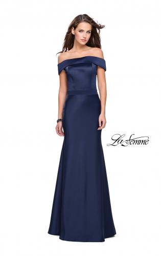 Picture of: Satin Off the Shoulder Dress with Trumpet Silhouette in Navy, Style: 25579, Detail Picture 5