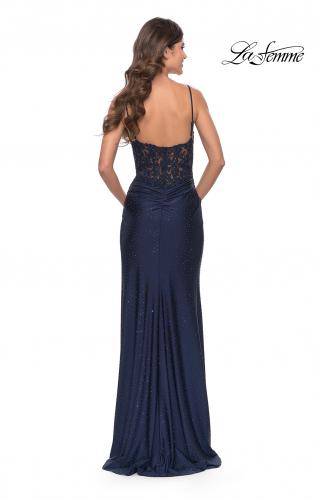 Picture of: Lace Applique Sheer Back Rhinestone Jersey Dress in Navy, Style: 31361, Detail Picture 5