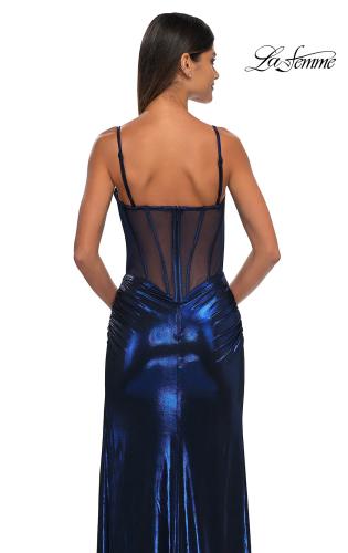 Picture of: Metallic Jersey Fitted Dress with Corset Top and Sheer Back in Navy, Style: 32526, Detail Picture 6