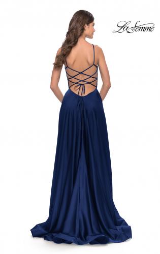 Picture of: A Line Satin Gown with Ruching and Square Neckline in Navy, Style: 31105, Detail Picture 7