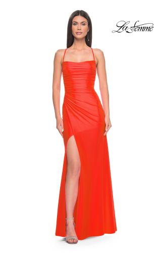 Picture of: Jersey Dress with Square Neckline and Ruching in Neon Coral, Style: 31129, Detail Picture 3