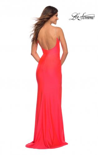 Picture of: Jeweled Rhinestone Strap Long Prom Dress in Neon in Neon Coral, Detail Picture 6