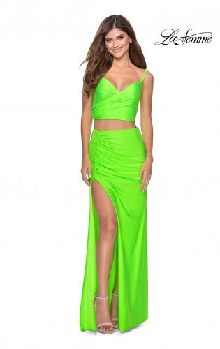 Picture of: Two Piece Long Prom Dress with Ruched Detailing in Neon Green, Style: 28472, Main Picture