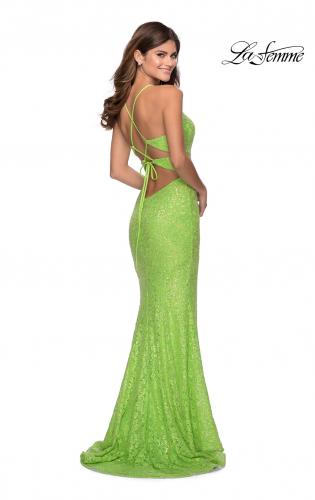 Picture of: Stretch Lace Dress with Lace Up Back and Rhinestones in Neon Green, Style: 28632, Detail Picture 4