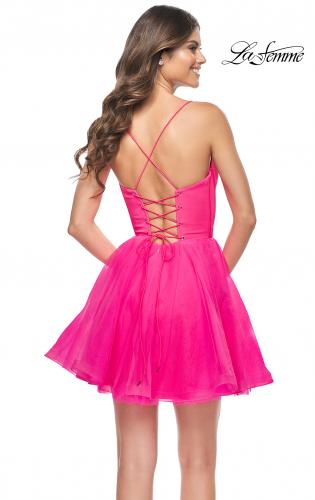 Picture of: Cute Flared Tulle Skirt Dress with Sheer Bodice in Neon Pink in Neon Pink, Style: 31468, Back Picture