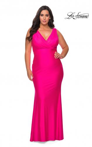 Picture of: Neon Plus Size Jersey Dress with Faux Wrap Bodice in Neon Pink, Style: 29016, Detail Picture 2