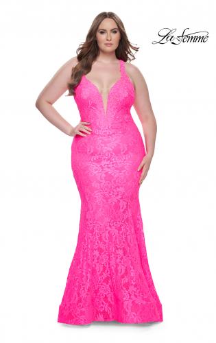 Picture of: Mermaid Lace Plus Size Prom Dress with Deep V in Neon Pink, Style: 31118, Detail Picture 2