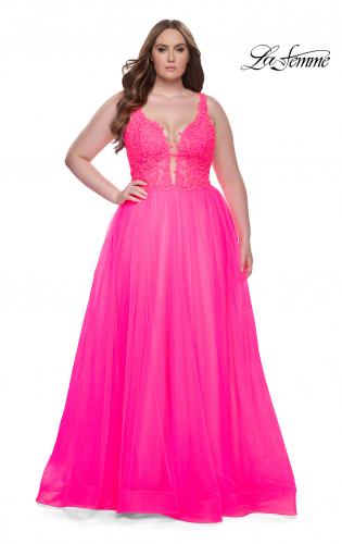 Picture of: Deep V Plus Size Tulle Dress with Lace Illusion Bodice in Neon Pink, Style: 31394, Detail Picture 6