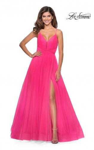 Picture of: Long Tulle Prom Dress with Criss Cross Bodice Detail in Neon Pink, Style: 28893, Main Picture