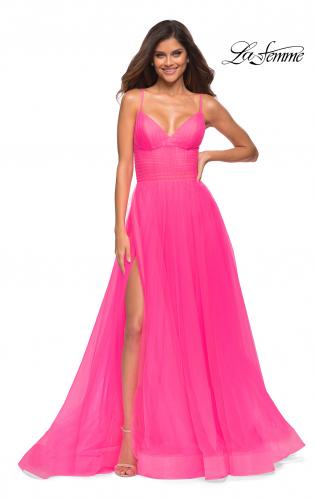 Picture of: Neon Pink Tulle A-line Prom Dress with Corset Sheer Bodice in Neon Pink, Main Picture