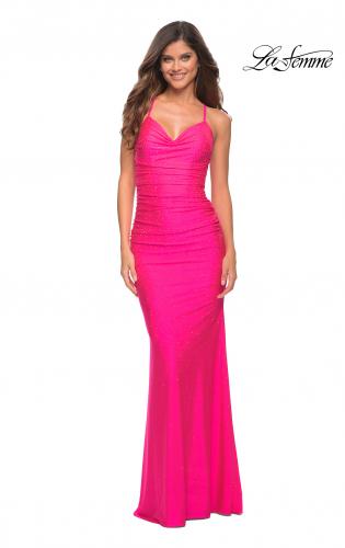 Picture of: Sparkle Rhinestone Long Jersey Prom Dress in Neon Pink in Neon Pink, Main Picture