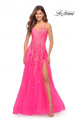 Picture of: Gorgeous Lace and Tulle Ball Gown with High Slit in Neon Pink in Neon Pink, Style: 30693, Main Picture