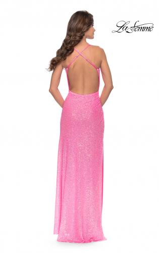 Picture of: Ruched Sequin Prom Dress with High Side Slit in Neon Pink, Style: 31405, Detail Picture 8