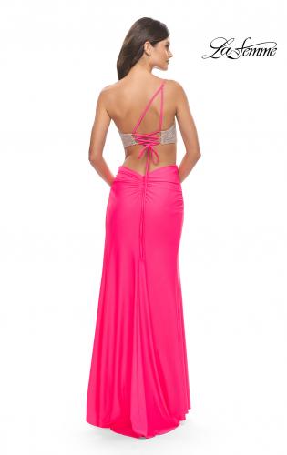 Picture of: One Shoulder Dress with Side Cut Out and Rhinestone Bodice in Neon Pink, Style: 31600, Detail Picture 8